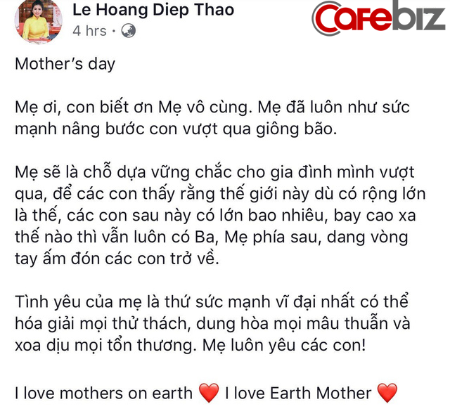 Chia sẻ đầu tiên của bà Lê Hoàng Diệp Thảo sau phiên tòa ly hôn: Tình yêu của mẹ là thứ sức mạnh vĩ đại nhất có thể hóa giải mọi thử thách, dung hòa mọi mâu thuẫn và xoa dịu mọi tổn thương - Ảnh 1. Chia sẻ đầu tiên của bà Lê Hoàng Diệp Thảo sau phiên tòa ly hôn: Tình yêu của mẹ là thứ sức mạnh vĩ đại nhất có thể hóa giải mọi thử thách, dung hòa mọi mâu thuẫn và xoa dịu mọi tổn thương - Ảnh 1.