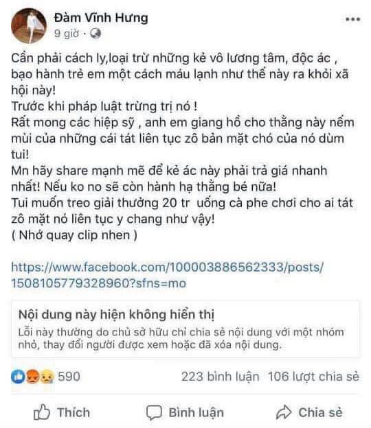 Kích động vụ cha đánh con, Facebook Đàm Vĩnh Hưng có thể bị xử hình sự - Ảnh 1.